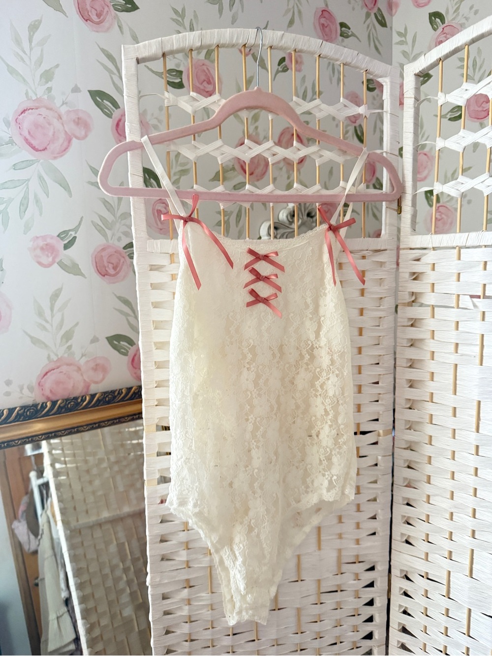 Cream Lace Bodysuit with Pink Ribbon Accents